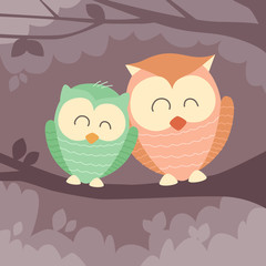 Two Owl Sitting on Branch Flat Vector