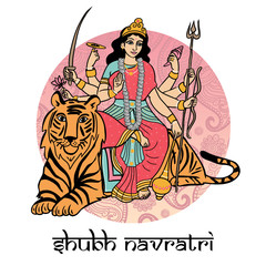 Cartoon hindu goddess Durga sitting on the tiger. Greeting card Navaratri, or print t-shirt.