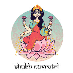 Cartoon hindu goddess Lakshmi sitting on the lotus with pot of money and flowers in her hands. For postcard and posters or print on t-shirt.