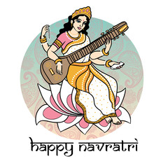 cartoon hindu goddess Saraswati sitting on the lotus in white sari. Greeting card for Navratri. for print posters, banner and postcard.