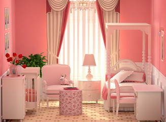Интерьер детской комнаты для девочек в розовом цвете