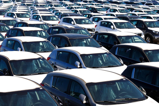 Rows of new cars covered in protective white sheet