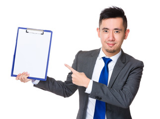 Young Businessman finger point to clipboard