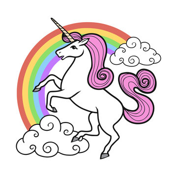 Cartoon vector unicorn with rainbow and clouds.