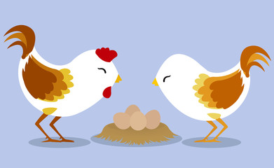 Family white chickens on light blue background3