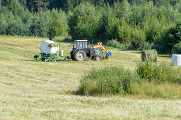 Fototapeta premium Tractors mow grass and packed