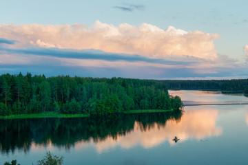 Sunset above the lake with bright colors