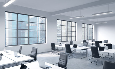 Fototapeta na wymiar Corporate workplaces equipped by modern laptops in a modern panoramic office with Singapore view. Black leather chairs and white tables. 3D rendering.