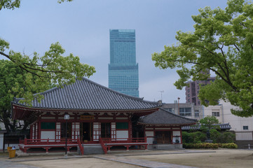 Osaka, Japan at Abeno harukas and Shitennoji Temple.