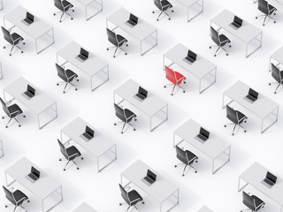 A top view of the symmetric corporate workplaces on white floor. A concept of corporate life. Black leather chairs, white tables and modern laptops. A one chair is a red. 3D rendering.