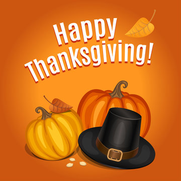 Happy Thanksgiving card, poster, background with piligrim hat