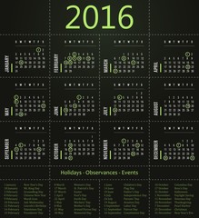 2016 calendar template for business and private use - holidays posted inside