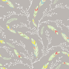 Seamless pattern with feathers and leaves . Abstract pattern can be used to print on fabric, paper, wallpaper and so on.
