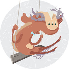 Cute strange monster rides on a swing, vector illustration in circle. Fun and childish.