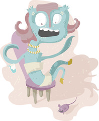 Funny girlish monster is scared by small mouse. Pastel colored vector illustration, isolated on white, cute.
