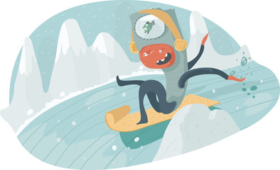 Fun monster with a fish on the top of his head goes down the snowy hill on sled. Large vector horizontal illustration with mountains at background, isolated on white.