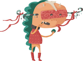 Vector illustration of a monster while doing makeup. Isolated on white, colored.