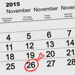 November 26, 2015 Thanksgiving Day. Chicken leg symbol on calendar