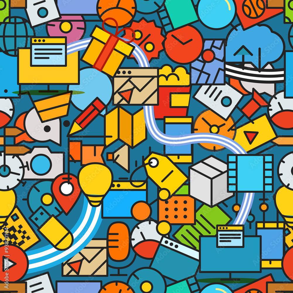 Poster Different technology color icons seamless pattern. Lineart color