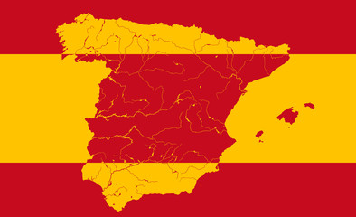 Map of Spain in colors of the Spanish flag. Colors of flag are proper. Rivers are shown.