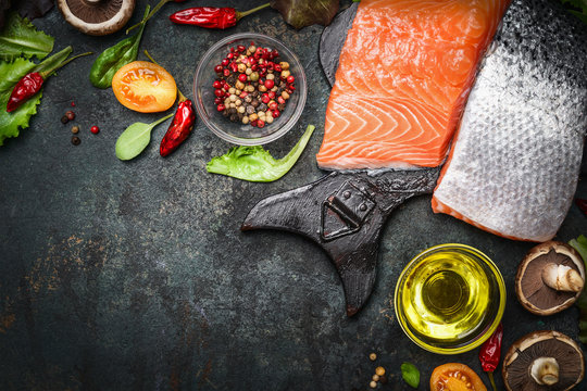 Salmon fillet with delicious ingredients for cooking 