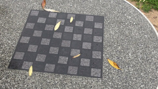Outdoors chess board table with chairs and fallen leaves in park