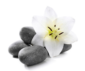 Obraz na płótnie Canvas Lily and spa stones isolated on white