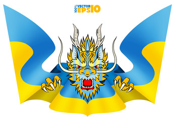 Dragon with the coat of arms of Ukraine on his face. Stylized Ukrainian flag is similar to the wings of a dragon on the Ukrainian coat of arms