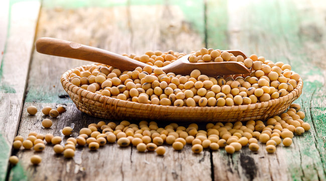 Soy beans in a basket on wooden