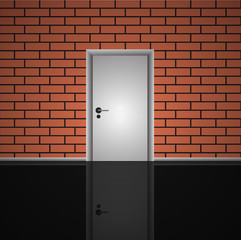 Realistic  brick wall and closed white door interior illustratio