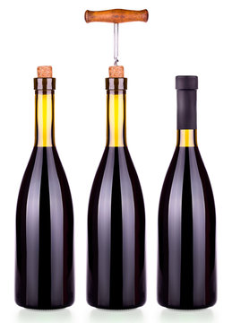 Elegant bottles of red wine with corkscrew