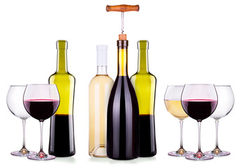 Set from red and white wine glasses, bottles