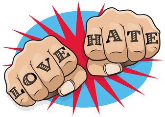 Vintage Pop Art Love and Hate Punching Fists.