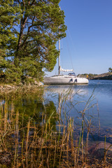 At anchor at one of the small rocky island in the Stockholm arch