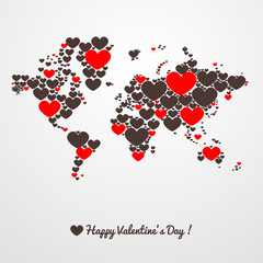 World map with hearts. Valentines day.