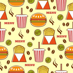 Fast food pattern with drinks, burgers and fries.