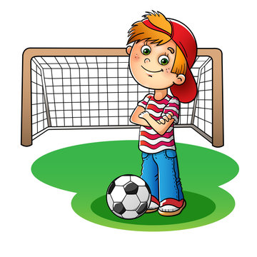 Boy in a red cap and striped t-shirt  with a soccer ball and foo