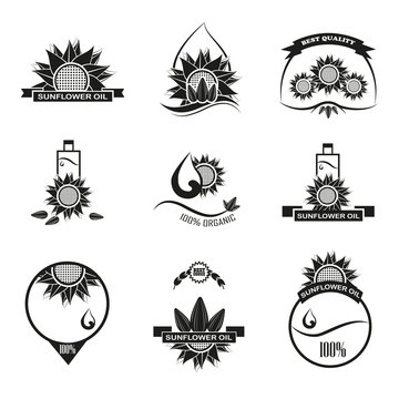 Set of sunflower oil emblems, labels and logos