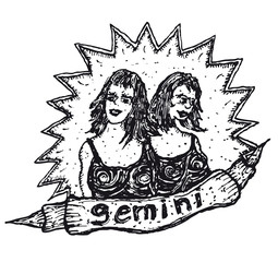 Hand drawn Gemini horoscope sign with banner