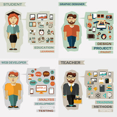 Set of professions. Student, graphic designer, web developer, teacher