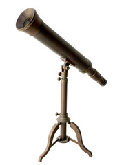 An antique telescope isolated on white background.