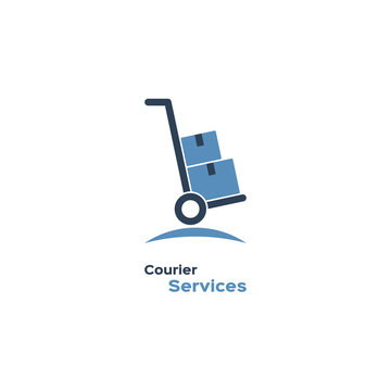 Courier services logo, hand truck with cardboard boxes silhouette