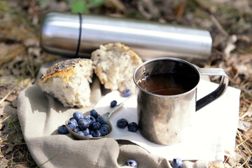 Metal dish for tourism on the ground in forest