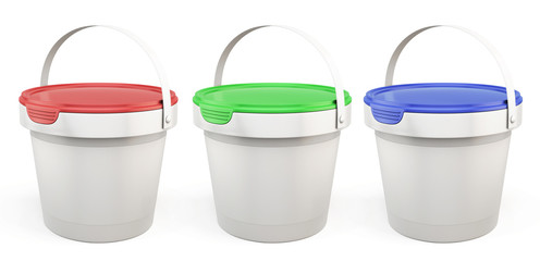 Template plastic buckets with lids various colors. 3d.