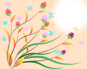 Flower on cream background with butterfly