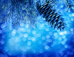 Blur blue christmas background with fir