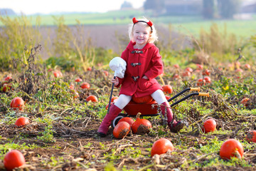 Cute preschooler girl wearing little devil hairband and red coat playing at Halloween pumpkins patch on a farm. Smiling child playing in field of squash. Family with kids picking vegetables in autumn.