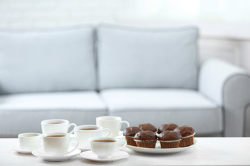 Table at home with food and drinks for friends