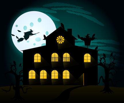House with the ghosts. Old mansion in the background of the moon. Witch on a broom, a scarecrow, crows, bats. Vector illustration.