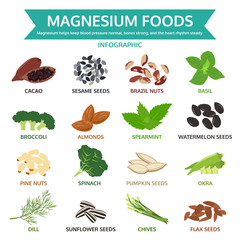 magnesium foods, healthy food vector illustration, infographic - obrazy, fototapety, plakaty